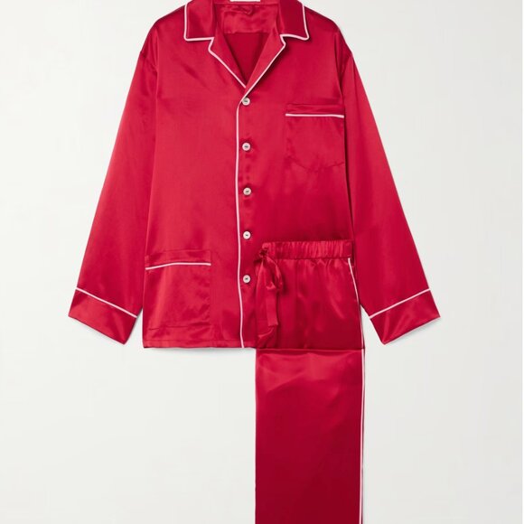 NWT Genuine Silk Pajamas Lounge Set Shirt Pants Red Black Piping Lapel Button
